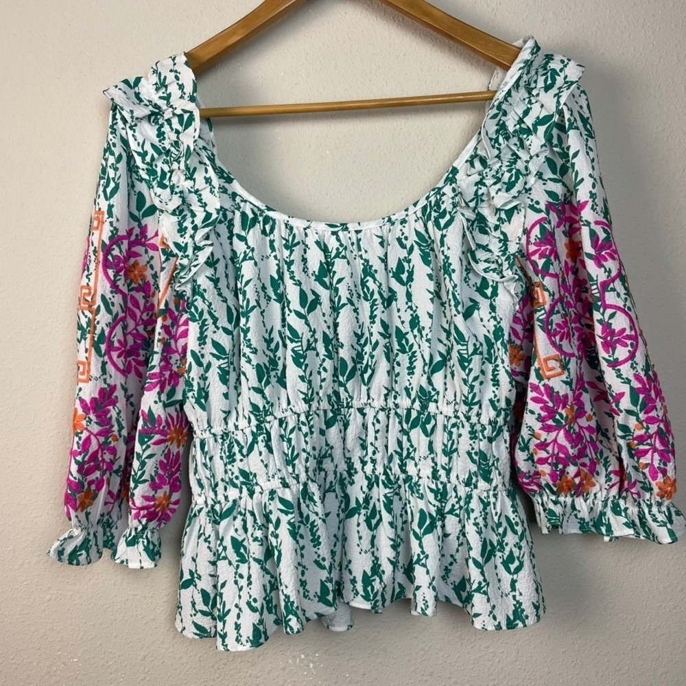 THML Women's‎ White Green Floral Embroidered Square Neck Fairy Boho Peplum Top M - Picture 9 of 10